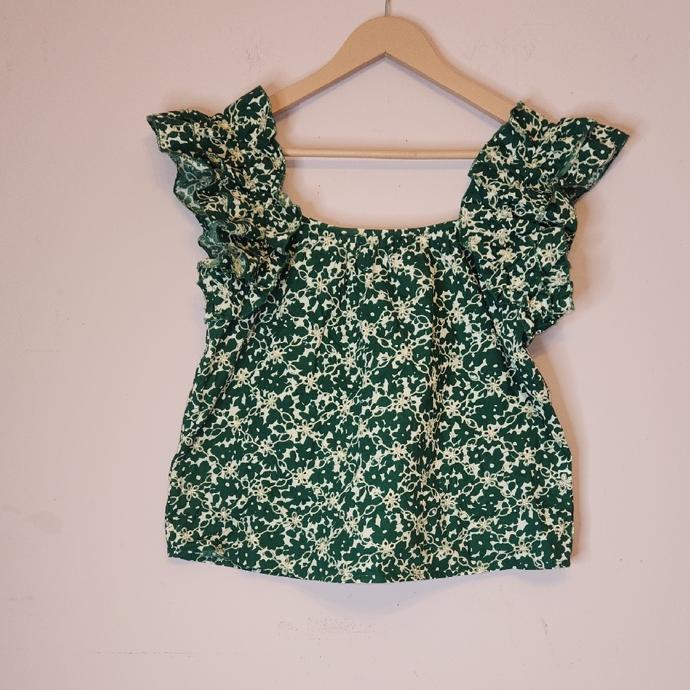 LUNA MOON Embroidered Floral Ruffle Green Top, size L